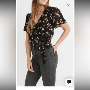 Madewell Black Floral Wrap Blouse medium spring feminine office party classic